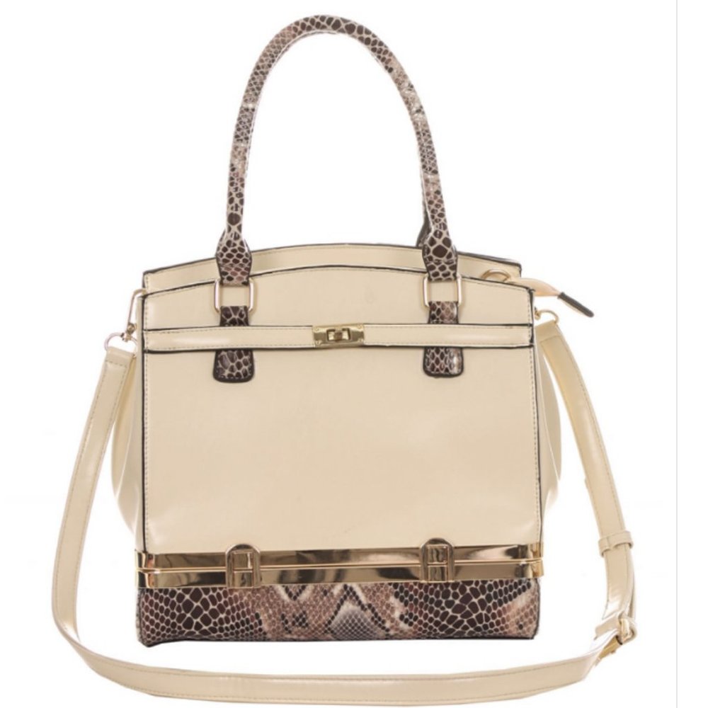 Solid&Snake Skin Accented Top Handle Handbag Ivory
